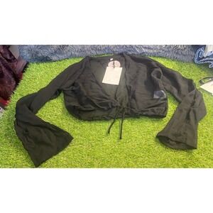 Almatrichi Black Sheer Ruched Tie Front Cropped Bell Sleeve Top Shirt‎